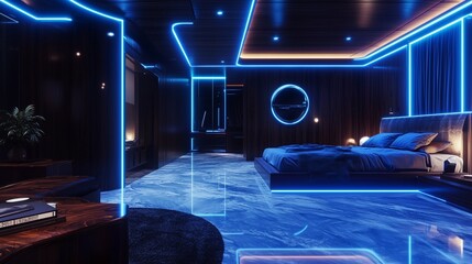 Apartment interior with a minimalist style, dark wooden furniture, a shiny marble floor in the bedroom, and futuristic blue neon lighting throughout the room.