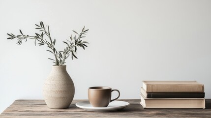 minimal scandi interior, indoor morning scene, rustic wooden table surface, beige ceramic round vase with olive branches, brown ceramic coffee cup on white plate, stacked vintage books, clean white