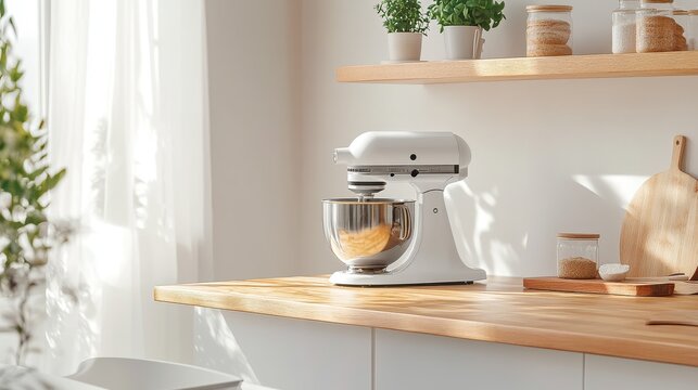 minimalist home kitchen design, butcher block counter, professional stand mixer display, fresh baking setup, green plant detail, open wood shelving, white walls, morning sunlight, culinary lifestyle