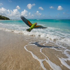 A parrot flying over a tropical beach, with crystal-clear waves below.