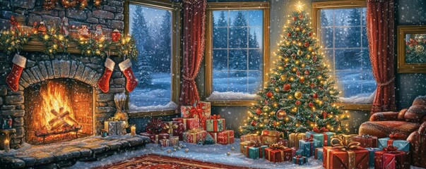 Christmas Tree with Decorations and Gifts Near a Fireplace with Lights