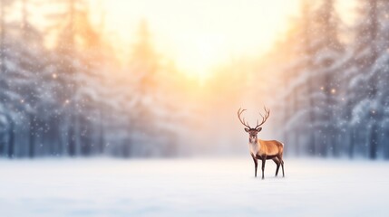 Elegant Stag with Antlers Posing in a White Winter Forest Creating a Tranquil and Atmospheric Nature Scene