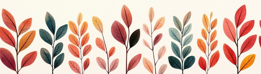 Fototapeta premium A vibrant pattern of stylized leaves in autumn colors, arranged in a decorative line against a light background.