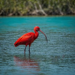 A scarlet ibis wading in a shallow, turquoise river.