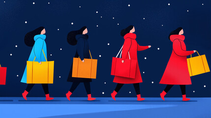 Festive shopping stroll urban street digital illustration nighttime side view holiday spirit