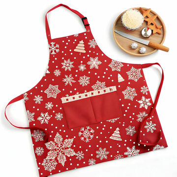 A red Christmas apron adorned with white snowflakes, perfect for holiday cooking,