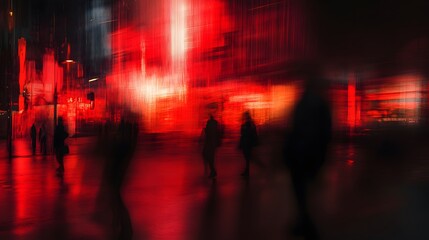Blurry Red Cityscape Nighttime People Walking