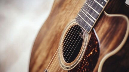 Fototapeta premium Musician writing lyrics, wooden acoustic guitar detail, blank notebook page, digital tablet stand, soft white background, casual home setting, documentary style photo