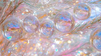 Champagne bubbles with shimmering New Year s decorations, ready for a toast focus on, festive theme, surreal, manipulation, banquet table backdrop