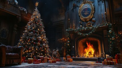 Fototapeta premium Christmas tree with toys and gifts on the background of a fireplace with fire. Magical room with the throne of Santa Claus