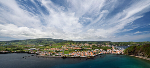 Panoramic Aerial view of the city of Horta on the Azores island of Faial