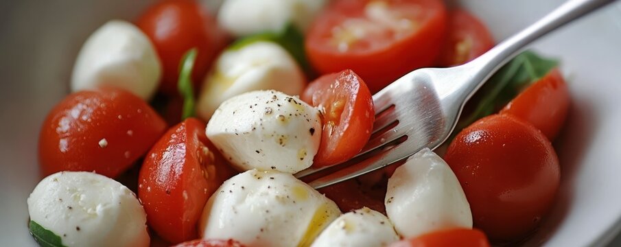 Classic Italian tomato and mozzarella capresse salad wit a fork