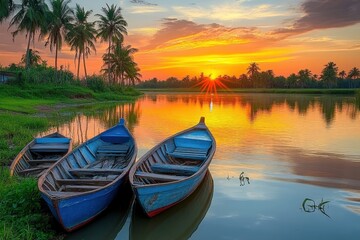Obraz premium serene sunset over tranquil waters with boats