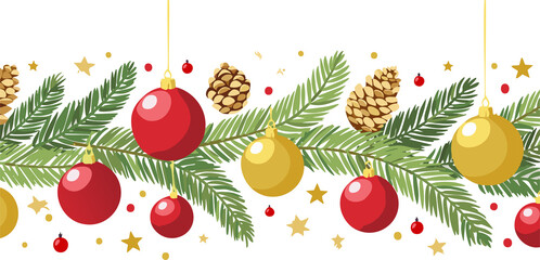 Christmas holiday decoration with bauble, pinecone, pine leaves and stars.