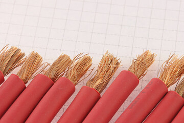 Copper electrical installation wires in colored insulation. Close-up. Soft focus.