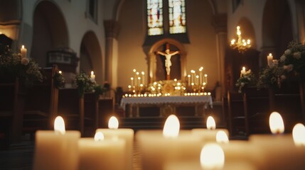 Candles in church with altar in background. Beautiful catholic or Lutheran cathedral with many lit candles as prayer or memory symbol. Beautiful lights in Christian basilica and crucifix in background