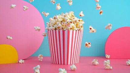 Whimsical Retro Styled Popcorn Box Filled with Fluffy Popcorn on Colorful Background