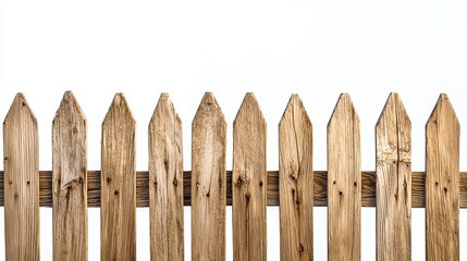 Wooden Picket Fence with a Natural Finish Isolated on a Plain Background