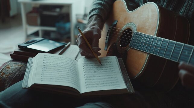 Songwriter composing music, acoustic guitar on lap, notebook with pencil, white modern interior, tablet device nearby, natural lighting, hands close-up, minimal composition, lifestyle photography