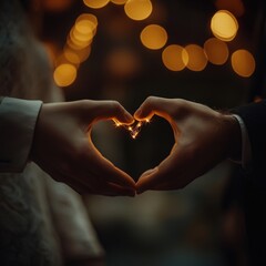 hands forming a heart shape with warm bokeh lights