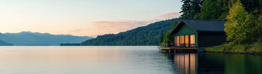 Fototapeta premium A tranquil lakeside scene at sunset, featuring a wooden cabin reflecting on calm waters surrounded by lush greenery and mountains.