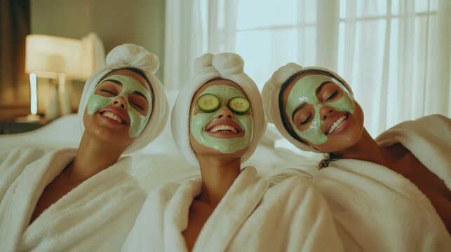 Happy international spa girlfriends with face masks covering eyes with cucumber slices, wearing bathrobes, sitting on bed