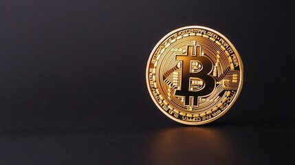 Golden Bitcoin Coin on Dark Background, Representing Cryptocurrency and Digital Finance