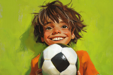 A young boy is holding a soccer ball and smiling