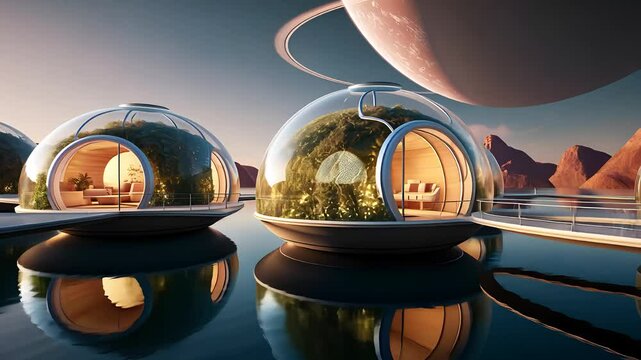 Futuristic Dome-Shaped Eco-Residences with Glass Walls Set on Water with a Majestic Planet in the Sky

