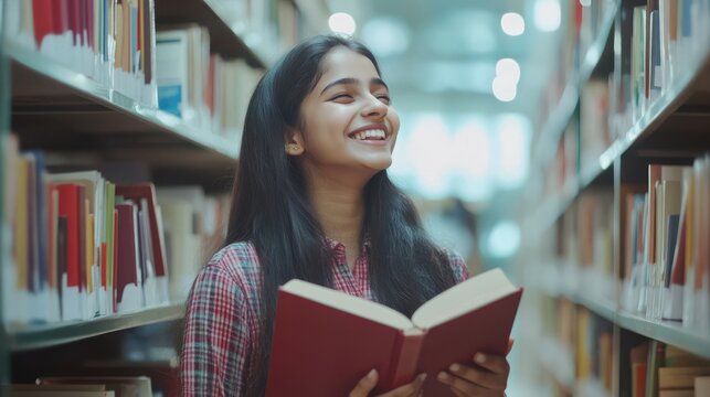 Cheerful young Indian student girl enjoying reading hobby, choosing book in library, bookstore, taking textbook from bookshelf, looking away, smiling, laughing, looking for information