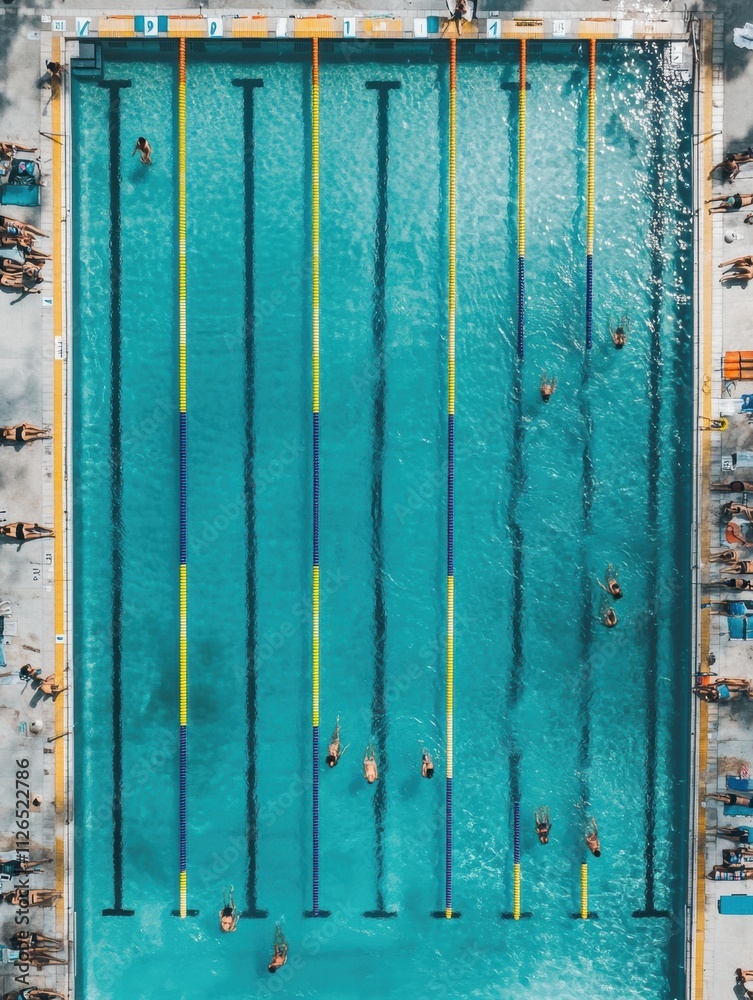 Poster swimmers glide through lanes in a bright, inviting swimming pool surrounded by sunbathers and deck c