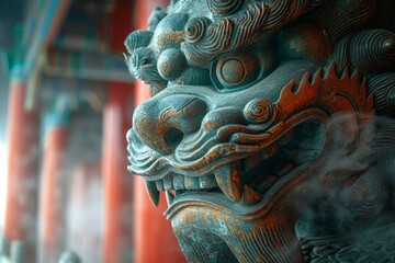 Fototapeta premium Tibetan guardian snow lion statue enveloped in smoke within an intricately decorated temple, capturing serene and sacred essence of Tibetan culture