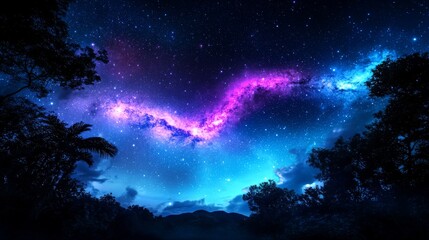 Stunning night sky with the Milky Way above silhouetted trees, featuring vivid purple, magenta, and deep blue hues in a serene and natural setting