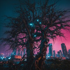 Obraz premium A tree with mechanical branches set against a vibrant cyberpunk skyline.