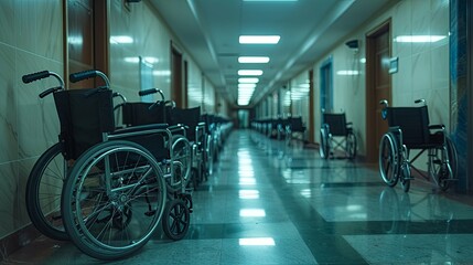 Wheelchairs lined up in a dimly lit hospital corridor, suggesting medical care or rehabilitation.