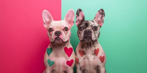 Fototapeta premium Two French bulldogs showcase heart tattoos, framed by contrasting pink and green backgrounds, evoking love.