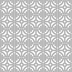 Seamless abstract geometric pattern, consisting of circular shapes and straight lines with a regular and symmetrical structure. Suitable for various creative projects or decorative elements.