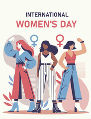 Fototapeta premium Women's day. Vector flat design of strong women, feminism. Different women standing together as a sign of strength and unity. Gender equality and women empowerment. For social media, posters
