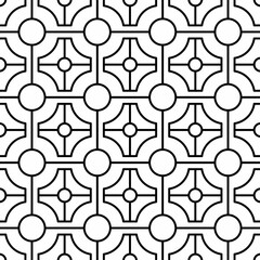 Seamless black and white geometric pattern, consisting of interconnected circular shapes and straight lines, with a regular and symmetrical structure. Suitable for various creative projects.