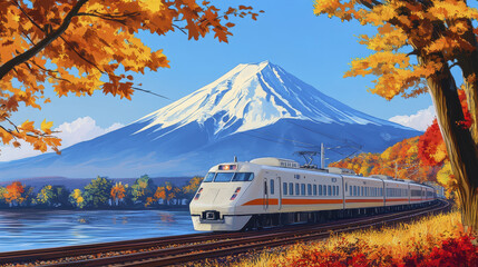 train travels along tracks with Mount Fuji in autumn colors