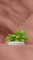rendering 3d blank mockup granite texture curved cylinder podium in portrait pot and stairs