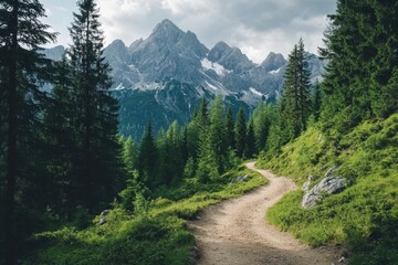 Mountain trail adventure through alpine forests serene landscape capture nature photography majestic mountains scenic viewpoint tranquil environment explore the outdoors