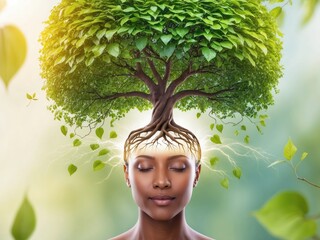 A surreal image of a tree growing from the head of a person, symbolizing growth, understanding, and connection with nature. The scene conveys a sense of transformation and enlightenment