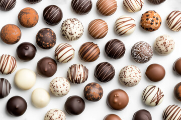 Assorted premium chocolates on a white background, flat lay.