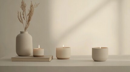 A minimalist flat-lay of living room decor including candles, books, and vases placed on a clean white background