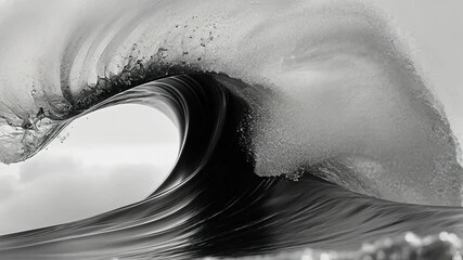 Black and white ocean wave at peak motion, dramatic seascape. Nature and power concept