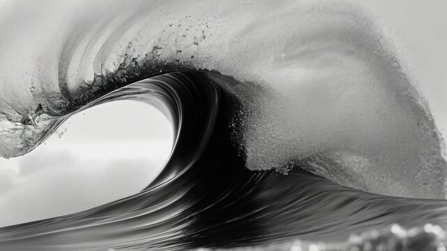 Black and white ocean wave at peak motion, dramatic seascape. Nature and power concept