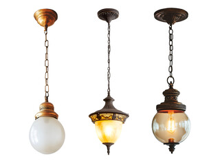 Collection of vintage ceiling lights, featuring three ornate lamps with chains and intricate designs, showcasing different styles of illumination, PNG image, Cutout, Isolated on white background