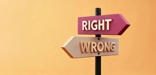 A signpost with arrows pointing to "RIGHT" and "WRONG" against a warm background, symbolizing moral choices and decision-making.