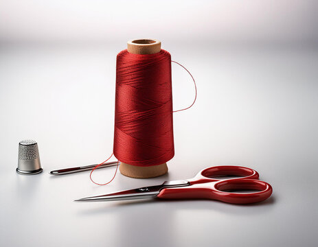 Un carrete de hilo rojo junto a una aguja un dedal y tijeras de costura para sastres modistas dise&ntilde;o de moda confecci&oacute;n textil sastrer&iacute;a, moda y trabajos artesanales